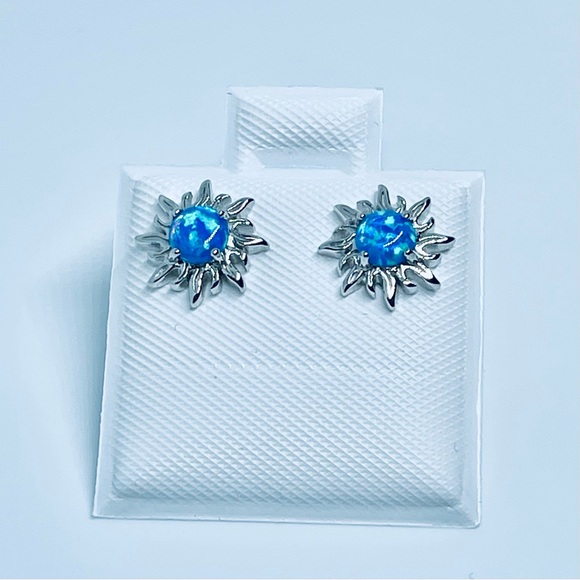 Sterling Silver Blue Lab Opal Blazing Sun Earrings, Silver Stud Earring, Sunny - Picture 6 of 13